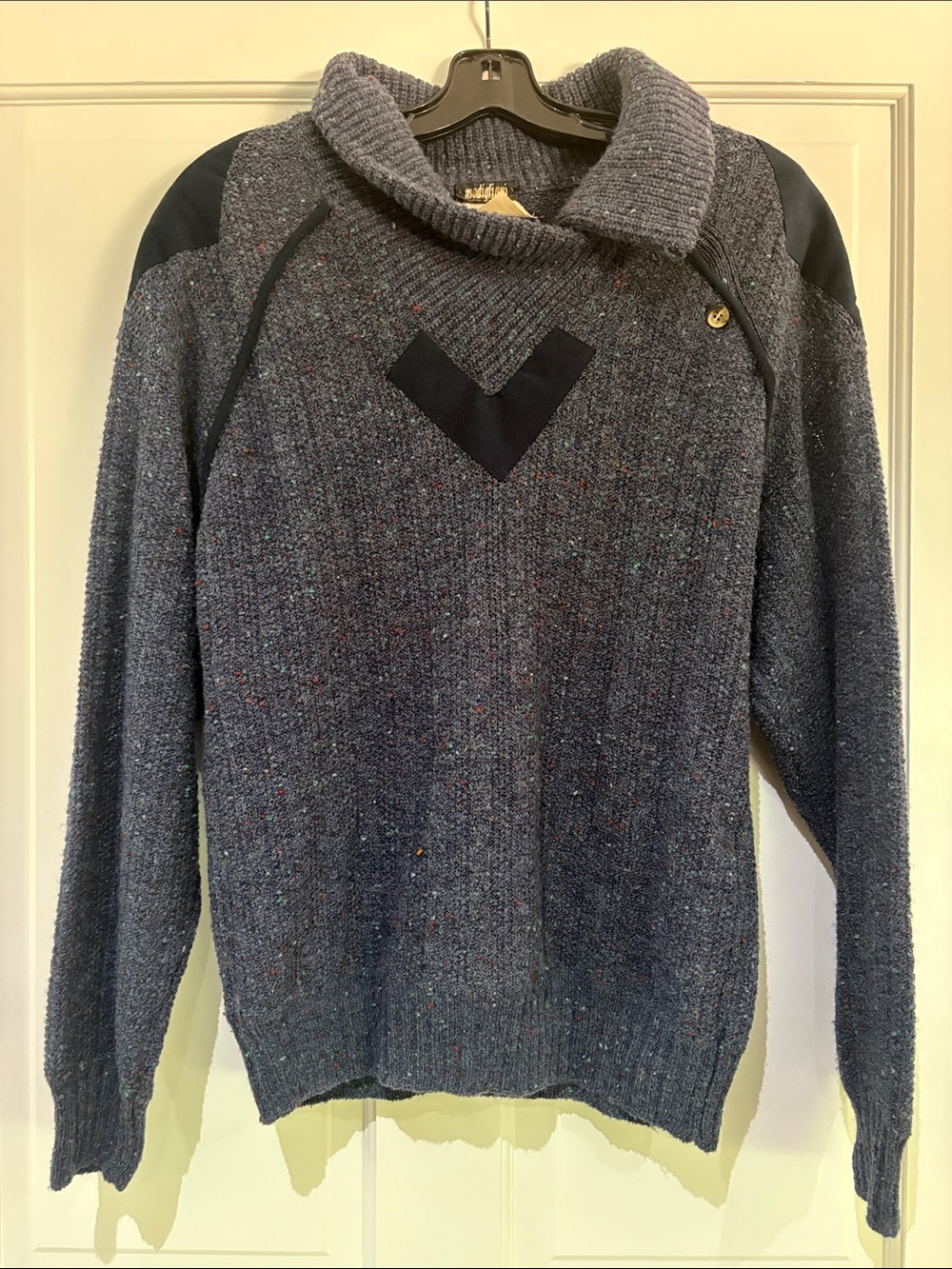 Men's Speckled Navy Turtleneck Sweater with suede Contrast Trim